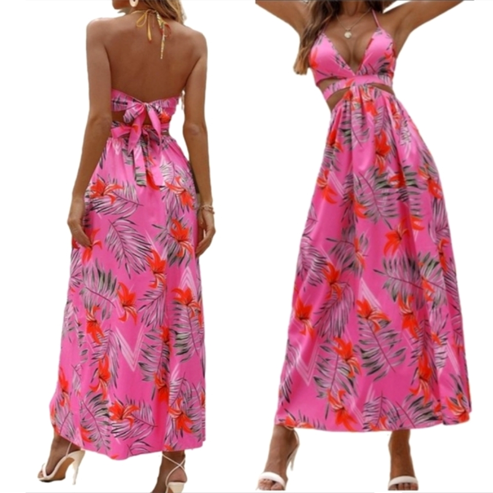 NWOT beautiful Boho Women's Tropical Print Backless Halter Maxi Dress
